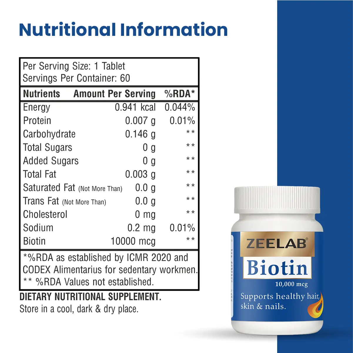 Zeelab Biotin 60 Tablet | Supplement for Hair, Skin & Nail Health